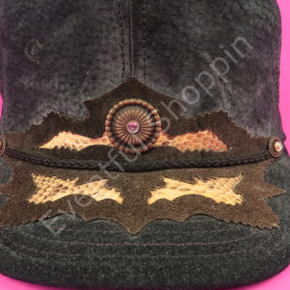 Vintage Leather Snakeskin Hat Mens Black Adjustable Vintage 1980s Made In USA - Picture 7 of 10